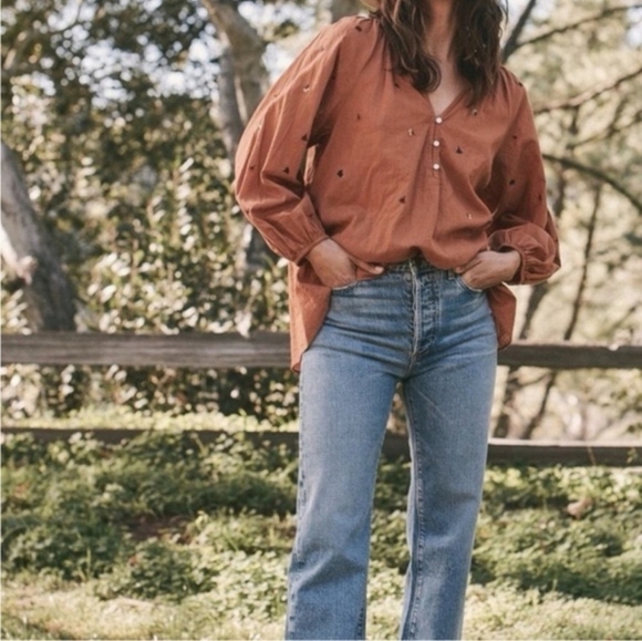 THE GREAT. Tops - The GREAT. Derby Floral Embroidered Blouse Top Brown Cider Women's Size 0 XS